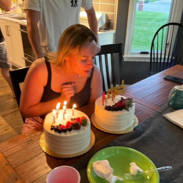 Birthday cake with lit candles
